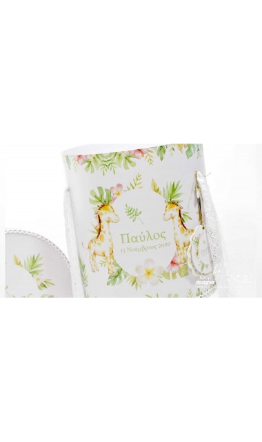Trusou botez cu girafa si puiul ei cu frunze exotice de palmier si efecte watercolor Jungle Baby Giraffe 7